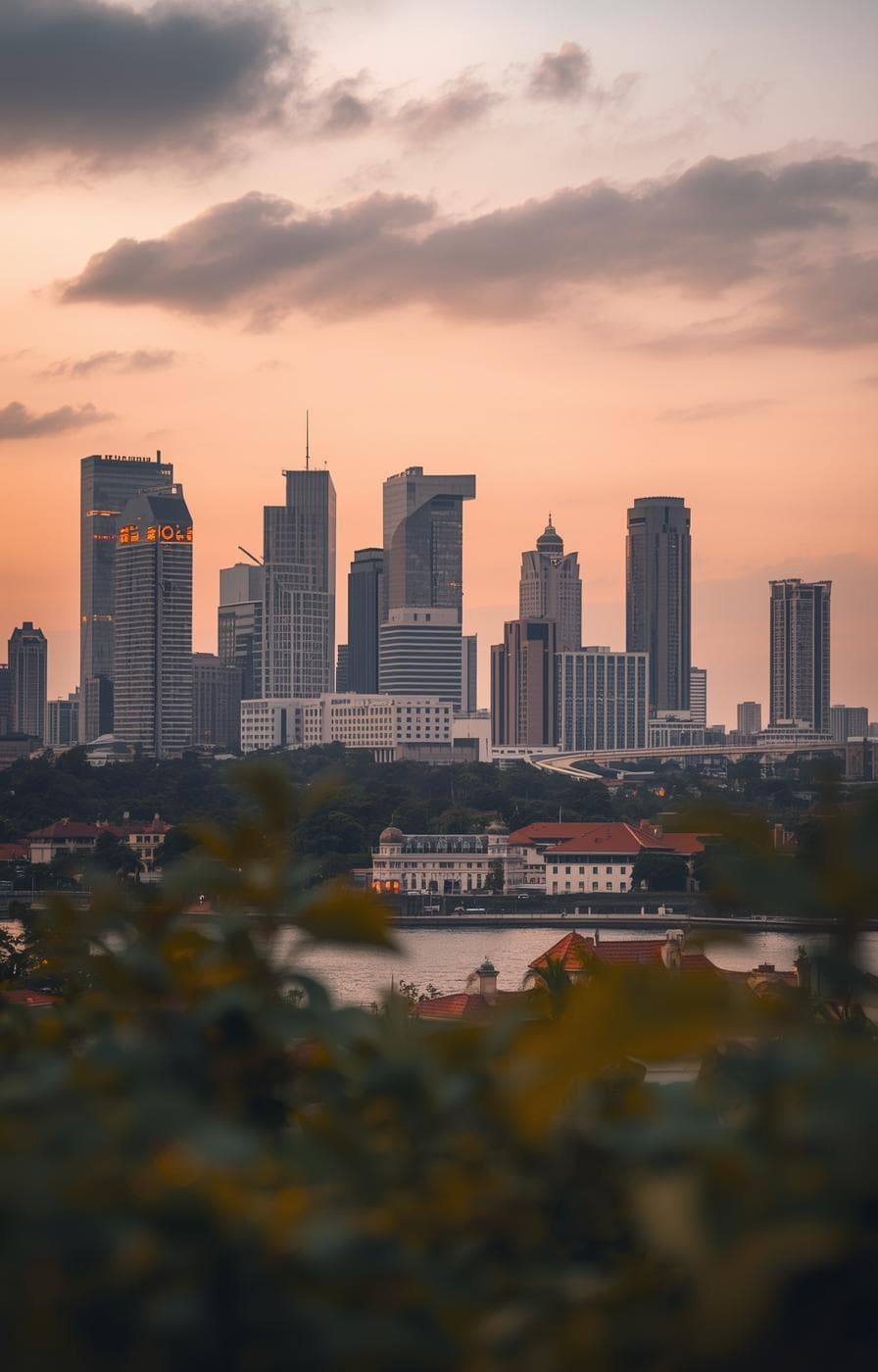 City skyline at sunset